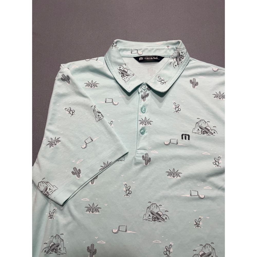 TravisMathew‎ Glen Eagles Golf Polo Shirt Mens L Aqua Pima Blend Cactus Print